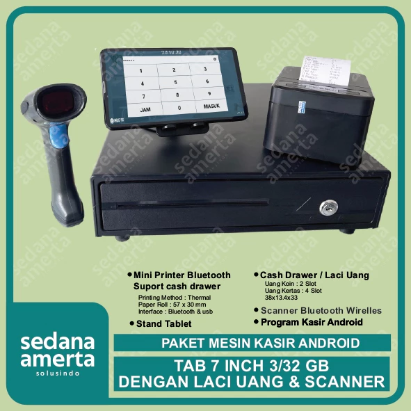 Paket Mesin Kasir Android POS Tablet/Tab 7 Inch 3/32GB - PAKET LENGKAP : Tab, Laci Uang/Cash drawer, Printer Thermal 58mm & Scanner Wirelles Bluetooth- Cocok untuk Restaurant, Resto, Cafe, Barber Shop, Vape Store, Retail
