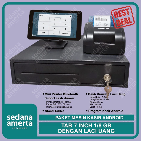 Paket Mesin Kasir Android POS Tablet/Tab 7 Inch 1/8GB - PAKET LENGKAP : Tab, Laci Uang/Cash drawer & Printer Thermal 58mm - cocok untuk Restaurant, Resto, Cafe, Barber Shop, Vape Store, Retail