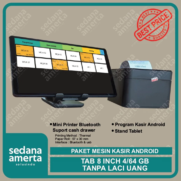 Paket Mesin Kasir Android POS Tablet/Tab 8 Inch 4/64 GB - TANPA LACI UANG : Tab, & Printer Thermal 58mm - cocok untuk Restaurant, Resto, Cafe, Barber Shop, Vape Store, Retail