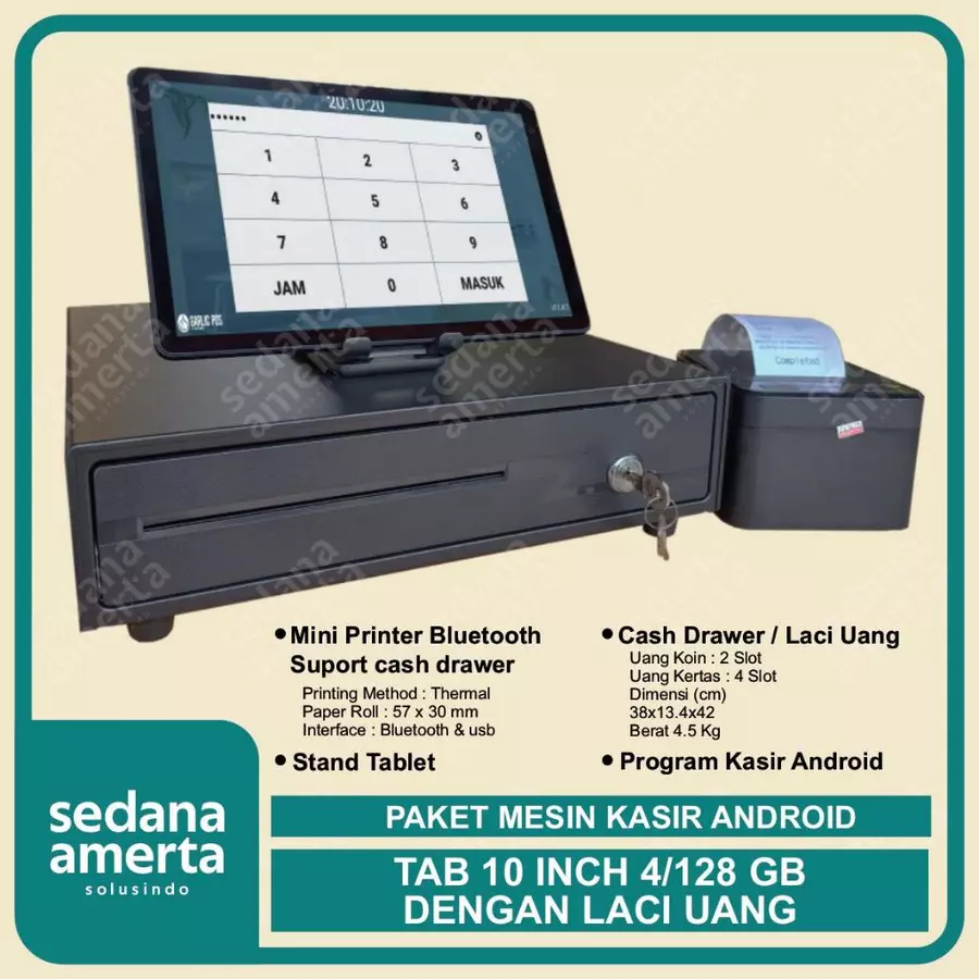 Paket Mesin Kasir Android POS Tablet/Tab 10 Inch 4/128- PAKET LENGKAP : Tab, Laci Uang/Cash drawer & Printer Thermal 58mm - cocok untuk Restaurant, Cafe,Resto, Barber Shop, Vape Store, Retail