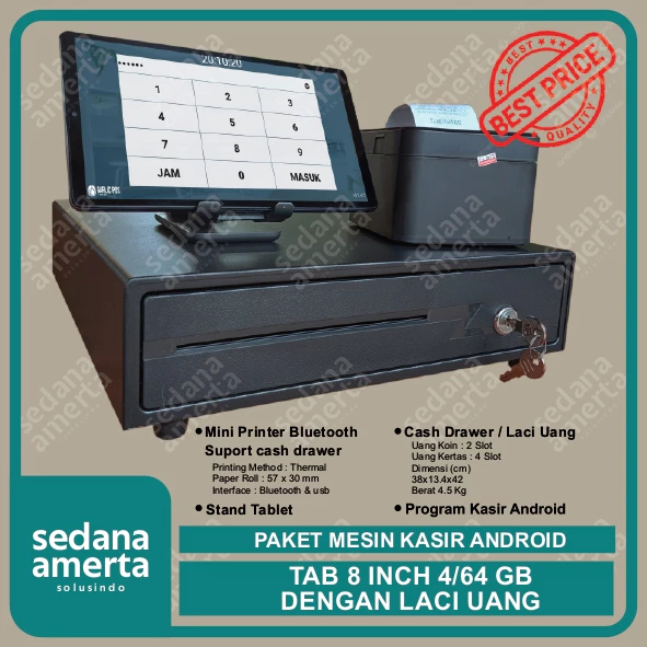 Paket Mesin Kasir Android POS Tablet/Tab 8 Inch 4/64 GB - PAKET LENGKAP : Tab, Laci Uang/Cash drawer & Printer Thermal 58mm - cocok untuk Restaurant, Cafe,Resto, Barber Shop, Vape Store, Retail
