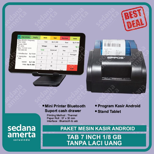 Paket Mesin Kasir Android POS Tablet/Tab 7 Inch 1/8 GB - TANPA LACI UANG : Tab, & Printer Thermal 58mm - cocok untuk Restaurant, Resto, Cafe, Barber Shop, Vape Store, Retail