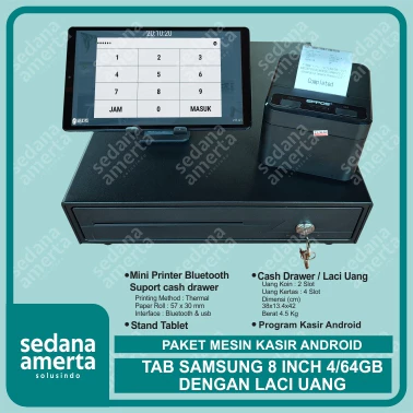 Paket Mesin Kasir Android POS Tablet/Tab Samsung 8 Inch 4/64 GB - PAKET LENGKAP : Tab, Laci Uang/Cash drawer & Printer Thermal 58mm - cocok untuk Restaurant, Cafe,Resto, Barber Shop, Vape Store, Retail